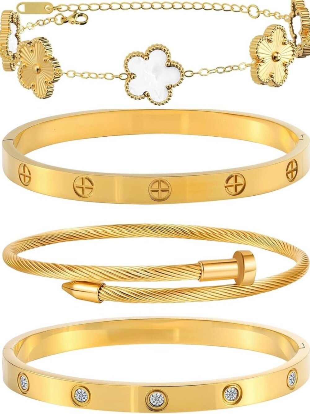 Floral Stackable Gold Bracelets Set - 4Pcs 18K Plated Non-Tarnish Bangles
